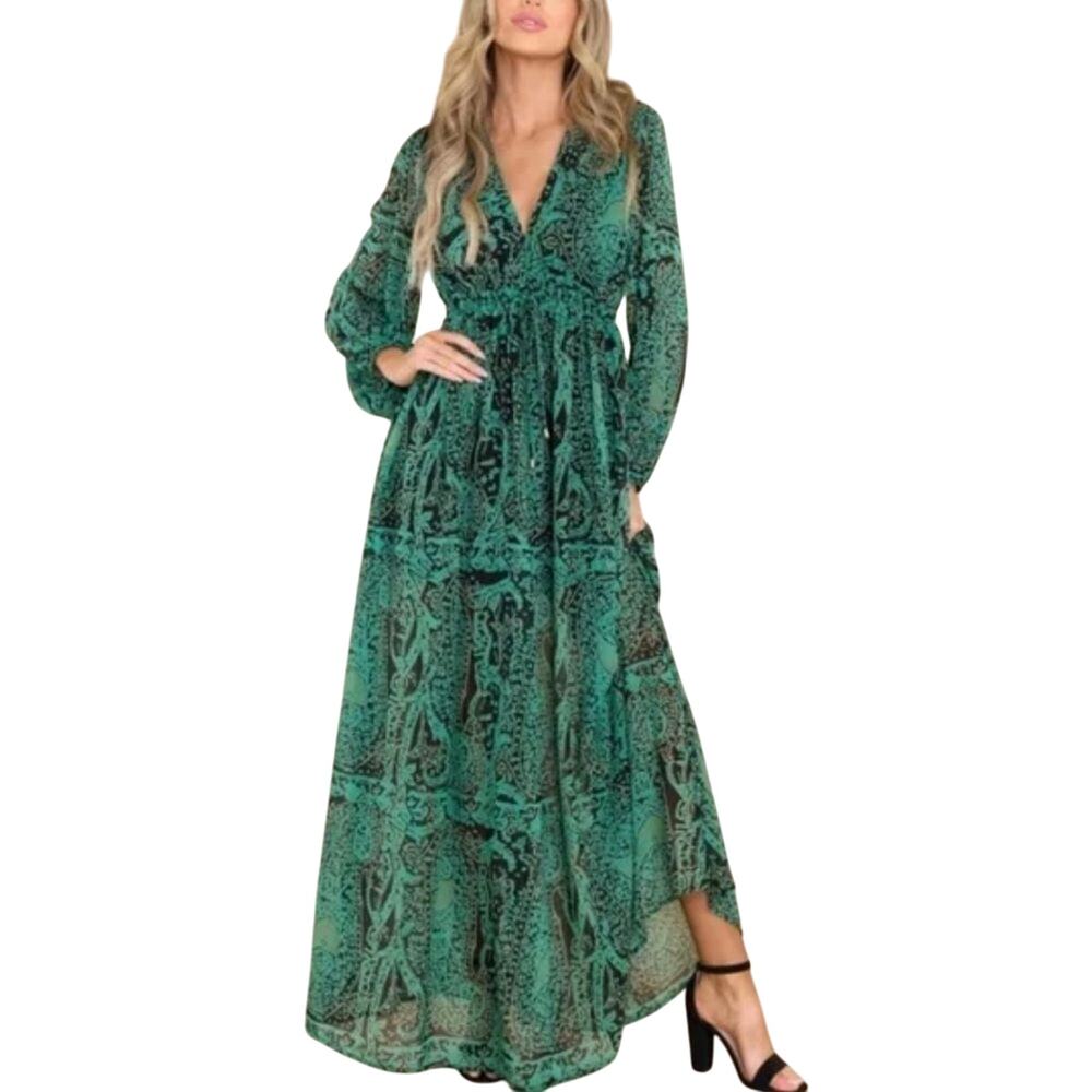 AAKKA Magical Maiden Long Sleeve V-Neck Maxi Dress, Size S, New without Tag